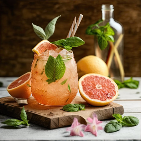 A vibrant shot of fresh citrus juice fruits surrounded by a mint leaf, highlighting the importance of healthy eating and wellbeing. AI generated imageの素材