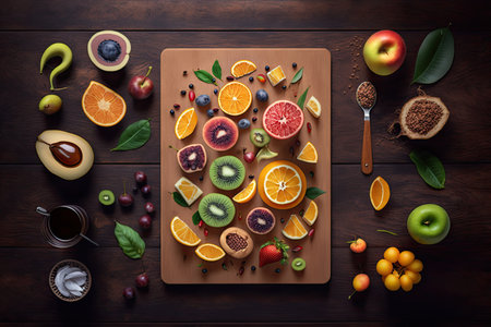 Food backgrounds: table filled with large variety of fruits, top view. Ai-generated imageの素材