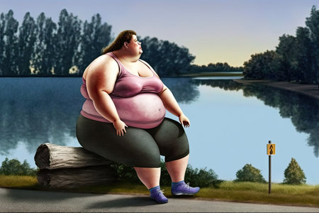 Obesity overweight woman on the lake doing yoga exercises. Ai-generated imageの素材
