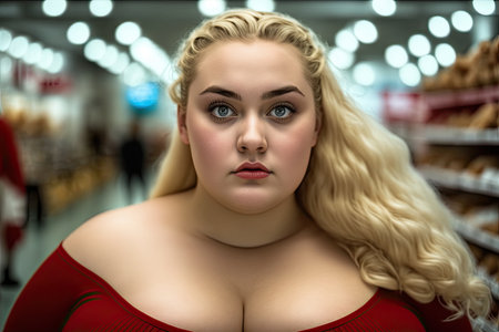 Closeup portrait of a blonde plus size model shoping in the supermarket. Ai-generated imageの素材