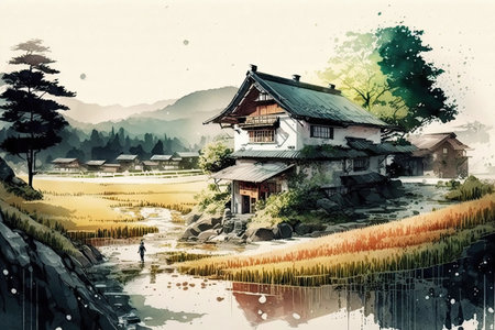 A beautiful Japanese mountain village with an old folk house.Ai-generated imageの素材