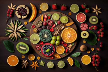 Food backgrounds: table filled with large variety of fruits, top view. Ai-generated imageの素材