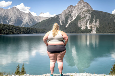 A solitary overweight woman relaxes and enjoys the tranquil beauty of a mountain lake surrounded by majestic mountain ranges, creating a serene landscape reflected in its calm waters. Ai-generated imageの素材