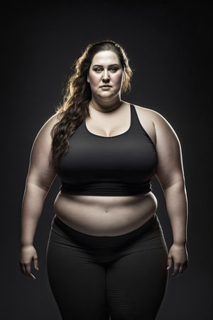Bodypositive woman (plus size model) in sportswear on black background. Ai-generated imageの素材
