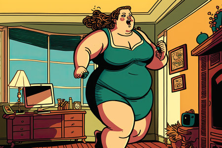 Happy overweight woman doing exercises at home. Ai-generated imageの素材