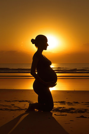 Silhouette of pregnancy woman doing exercise with yoga in seaside at the sunset time for good gravidity health and easy childbirth. Ai-generated imageの素材