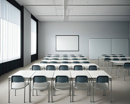 AI-generated image of empty big classroom at schoolの素材