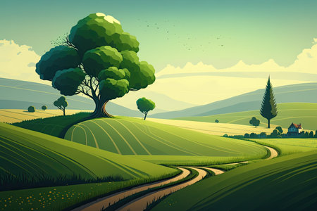 Summer farm landscape, agriculture field, green hills and village. Ai-generated imageの素材
