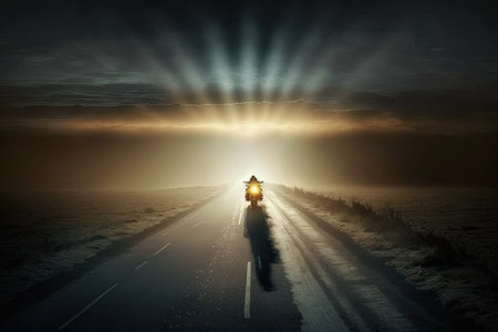 A lone figure ride on a road at dawn, surrounded by the clouds of darkness and illuminated by the horizons morning sunlight. Ai-generated imageの素材