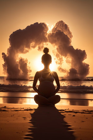 Silhouette of pregnancy woman doing exercise with yoga in seaside at the sunset time for good gravidity health and easy childbirth. Ai-generated imageの素材