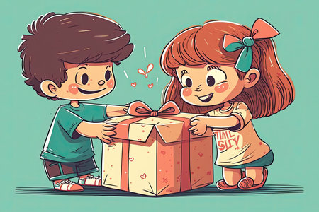 Boy gives a gift to a classmate girl. Ai-generated imageの素材