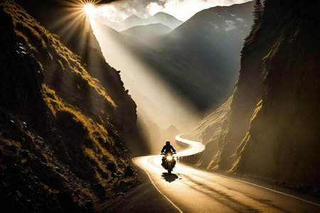A lone figure ride on a road at dawn, surrounded by the clouds of darkness and illuminated by the horizons morning sunlight. Ai-generated imageの素材
