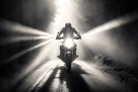 A lone figure ride on a road at dawn, surrounded by the clouds of darkness and illuminated by the horizons morning sunlight. Ai-generated imageの素材