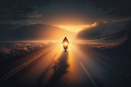 A lone figure ride on a road at dawn, surrounded by the clouds of darkness and illuminated by the horizons morning sunlight. Ai-generated imageの素材