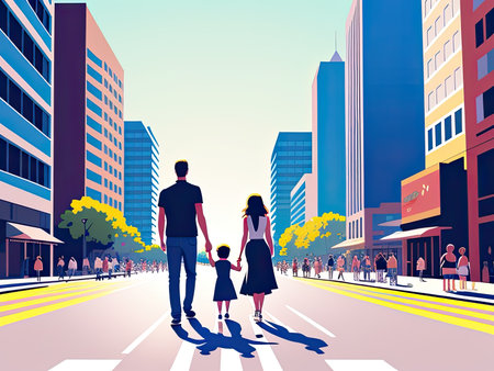 A happy family walking in the downtown street on their summer vacation. Ai-generated imageの素材