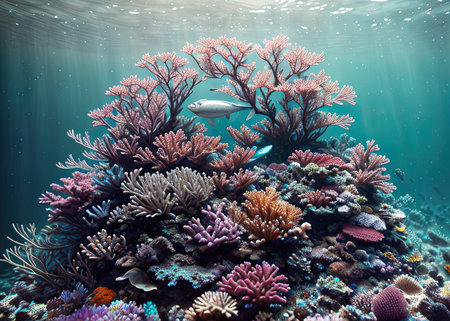 A breathtaking underwater scene filled with a large group of coral reef fish swimming amongst the vibrant corals in their natural marine environment. Ai-generated imageの素材