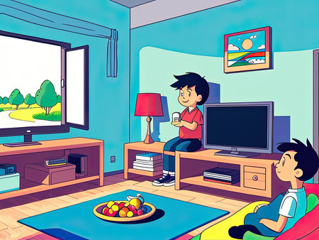 A family watching television together in their cozy home.Ai-generated imageの素材