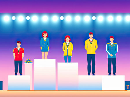 Illustration of a group of people awarding the champion on a pedestal after a competitive event. Ai-generated imageの素材