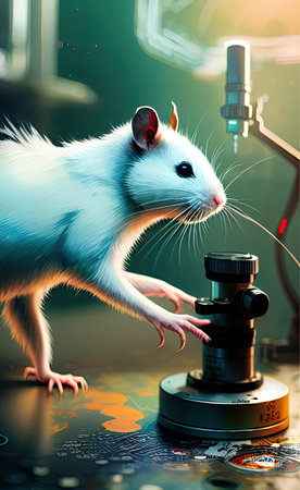 A white laboratory rat looks into a microscope instead of a researcher. Fantasy research scientific concept. Ai-generated imageの素材