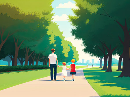 A happy family is enjoying a leisurely walk in the park on their summer vacation, surrounded by nature and joy. Ai-generated imageの素材