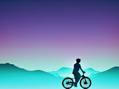 Silhouette of a cyclist against the backdrop of sunset and mountains. Ai-generated imageの素材