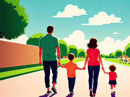 A happy family is enjoying a leisurely walk in the park on their summer vacation, surrounded by nature and joy. Ai-generated imageの素材
