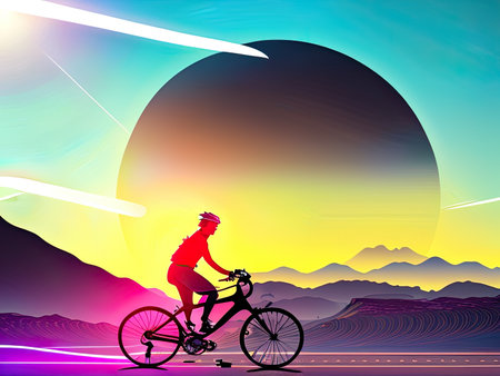 Silhouette of a cyclist against the backdrop of sunset and mountains. Ai-generated imageの素材