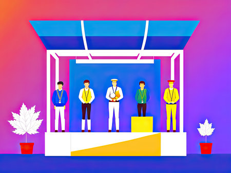 Illustration of a group of people awarding the champion on a pedestal after a competitive event. Ai-generated imageの素材