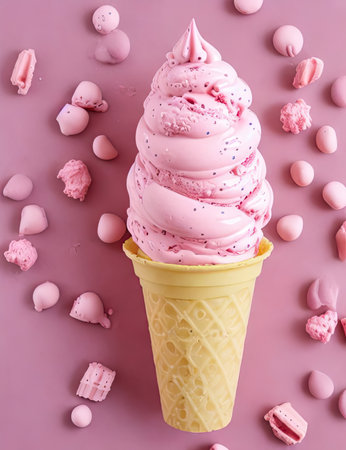 Pink vanilla ice cream cone isolated. Ai-generated imageの素材
