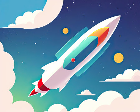 A white rocket soars into the sky, leaving a trail of clouds behind it. Its destination: outer space! Ai-generated imageの素材