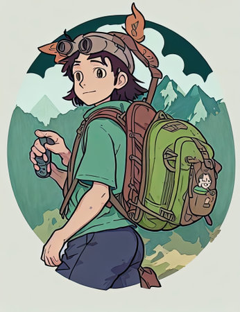 Hiker person hiking or trekking with backpack walking in mountain forest outdoor wilderness landscape, vector illustration. Ai-generated imageの素材