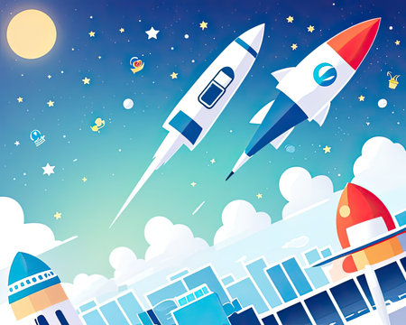 A white rocket soars into the sky, leaving a trail of clouds behind it. Its destination: outer space! Ai-generated imageの素材