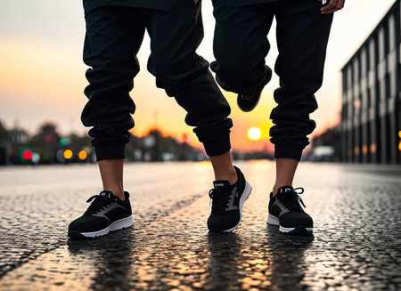 Low angle shot male legs in sneakers on the city street. Ai-generated imageの素材