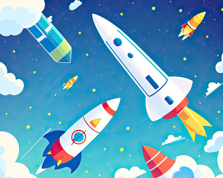 A white rocket soars into the sky, leaving a trail of clouds behind it. Its destination: outer space! Ai-generated imageの素材