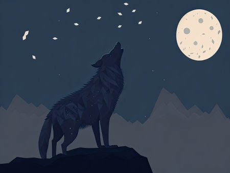 A spooky scene of a lone wolf howling under the full moon, silhouetted against a backdrop of dark hills and foggy blue night sky. Ai-generated imageの素材