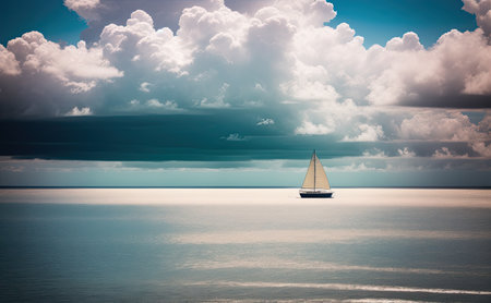 A sailboat glides across the horizon, surrounded by an ocean of clouds in a beautiful and tranquil environment.の素材