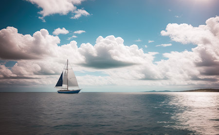 A sailboat glides across the horizon, surrounded by an ocean of clouds in a beautiful and tranquil environment.の素材