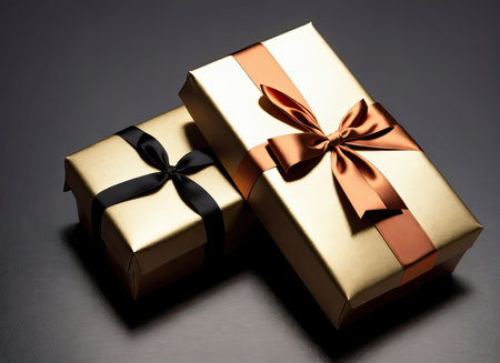 A beautifully wrapped gift box with a gold ribbon and bow, sitting in the studio for a surprise celebration or holiday event - perfect for wedding favors. Ai-generated imageの素材