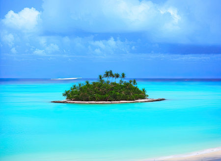 A beautiful turquoise ocean with a serene horizon cut by an archipelago of lush islands, cays and islets. A perfect tranquil travel destination for any holiday! Ai-generated imageの素材