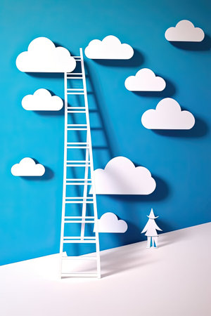 A ladder winding up to the sky, leading to fluffy clouds in a dreamlike world. Ai-generated image