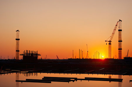 Silhouette of construction site machinery against orange sunset sky. Ai-generated imageの素材