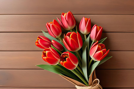 A fresh red tulip in natural wood setting with no people. Ai-generated imageの素材