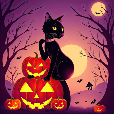 Dark Halloween vector illustration with moon, cat, and bats silhouette. Aigenerated imageの素材
