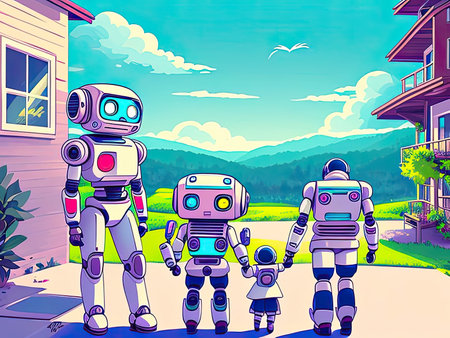 Anthropomorphic robot family walking outdoor. AI-generated imageの素材