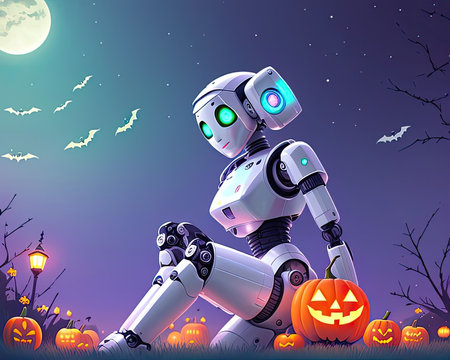 Robogirl robod in halloween night. AI-generated imageの素材