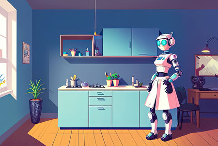 Anthropomorphic robot as a housewife indoor. AI-generated imageの素材