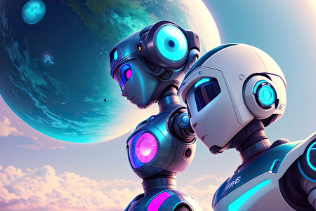 Couple of anthropomorphic robots. AI-generated imageの素材