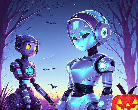 Robogirl robod in halloween night. AI-generated imageの素材