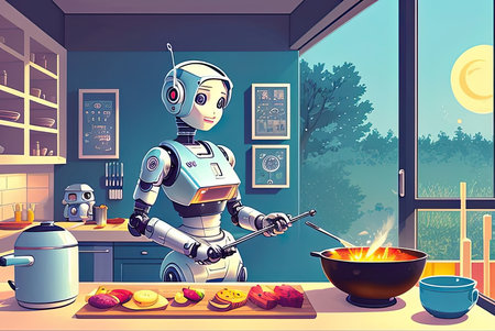 Housewife robogirl cooks dinner in the kitchen. Ai-generated imageの素材