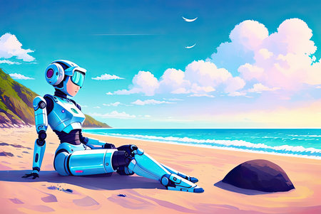 Robogirl resting on the sunny beach. AI-generated imageの素材